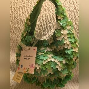 Green & White Flowers Beaded Bag Handcrafted in India Purse Viral TikTok RARE